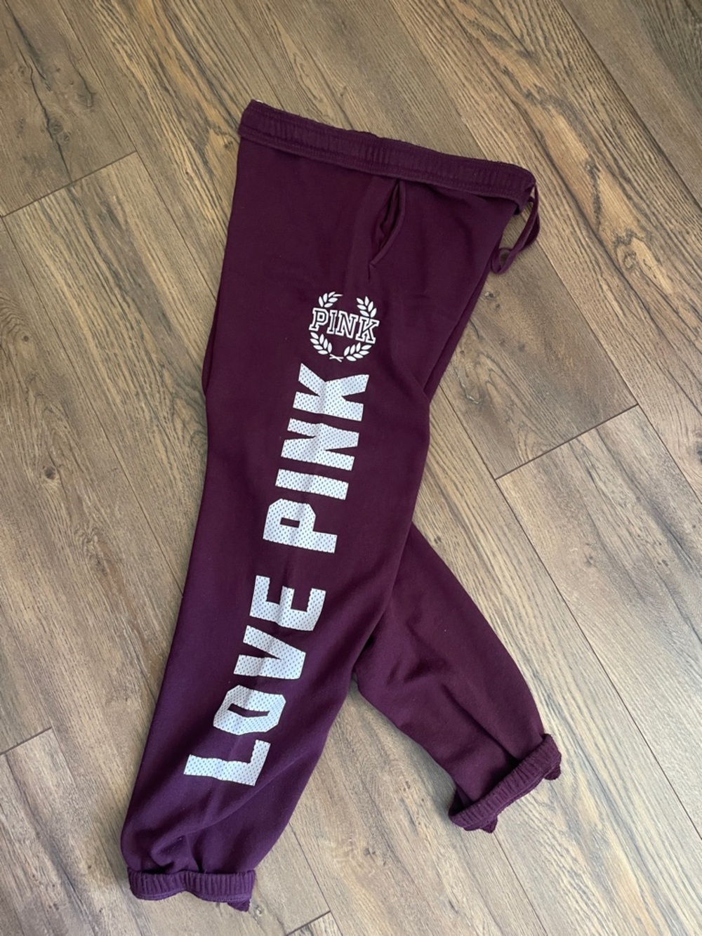 PINK Victoria's Secret Maroon Track Joggers with White Logo